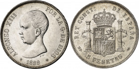 1889*1889. Alfonso XIII. MPM. 5 pesetas. (AC. 93). Leves marquitas. Bella. Brillo original. Escasa así. 24,90 g. S/C-.