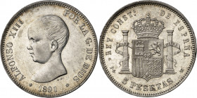 1891*1891. Alfonso XIII. PGM. 5 pesetas. (AC. 98). Leves golpecitos. Bella. Brillo original. 25,15 g. EBC+.