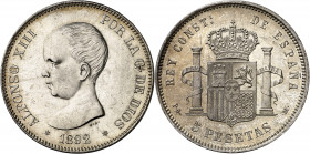 1892*1892. Alfonso XIII. PGM. 5 pesetas. (AC. 99). Tipo "pelón". Leves rayitas. Bella. 24,96 g. EBC+.