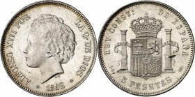 1892*1892. Alfonso XIII. PGM. 5 pesetas. (AC. 100). Tipo "bucles". Bella. Brillo original. Escasa así. 24,93 g. S/C-.