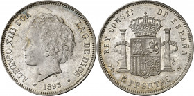 1893*1893. Alfonso XIII. PGV. 5 pesetas. (AC. 103). Leves rayitas. Bella. Brillo original. Escasa y más así. 24,93 g. EBC+.