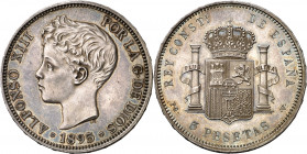 1895*1895. Alfonso XIII. PGV. 5 pesetas. (AC. 105, mismo ejemplar). Bella. Preciosa pátina. Única conocida. 25 g. S/C.