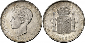 1896*1896. Alfonso XIII. PGV. 5 pesetas. (AC. 106). Bella. Brillo original. 25 g. EBC+.