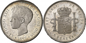 1897*1897. Alfonso XIII. SGV. 5 pesetas. (AC. 107). Leves rayitas. Bella. Brillo original. 24,84 g. EBC+.