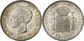 1898*1898. Alfonso XIII. SGV. 5 pesetas. (AC. 109). Leves marquitas. Bella. Brillo original. 25 g. S/C-.