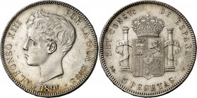 1899*1899. Alfonso XIII. SGV. 5 pesetas. (AC. 110). Bella. 24,73 g. EBC+.