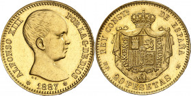 1887*1887. Alfonso XIII. MPM. 20 pesetas. (AC. 111). Bella. Brillo original. Rarísima, sólo se conoce tres ejemplares, nosotros sólo hemos tenido el d...