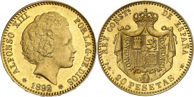 1892*1892. Alfonso XIII. PGM. 20 pesetas. (AC. 115). Tipo "bucles". Muy bella. Brillo original. Acuñación Proof. Muy rara así. 6,42 g. S/C.