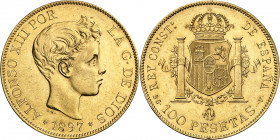 1897*1897. Alfonso XIII. SGV. 100 pesetas. (AC. 119). Mínimos golpecitos. Bella. Brillo original. Escasa. 32,25 g. EBC+.