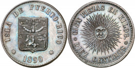 1890. Alfonso XIII. Puerto Rico. 10 céntimos. (AC. 123, mismo ejemplar). Prueba no adoptada en cobre. Mínimas rayitas de acuñación. Muy rara. 9,38 g. ...