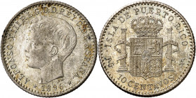 1896. Alfonso XIII. Puerto Rico. PGV. 10 centavos. (AC. 125). Bella. Brillo original. Escasa así. 2,44 g. S/C-.