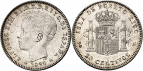 1895. Alfonso XIII. Puerto Rico. PGV. 20 centavos. (AC. 126). Leves rayitas. Bella. Brillo original. Muy escasa así. 5 g. EBC+.