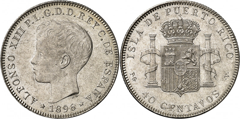 1896. Alfonso XIII. Puerto Rico. PGV. 40 centavos. (AC. 127). Leve hojita. Parte...