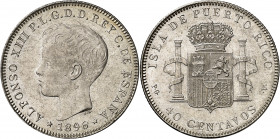 1896. Alfonso XIII. Puerto Rico. PGV. 40 centavos. (AC. 127). Leve hojita. Parte de brillo original. Escasa así. 10 g. EBC-.