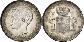 1895. Alfonso XIII. Puerto Rico. PGV. 1 peso. (AC. 128). Leves marquitas. Bella. Preciosa pátina. Rara y más así. 25,08 g. S/C-.