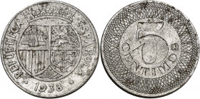 1938. II República. 5 céntimos. (AC. 5). Prueba no adoptada en hierro. Manchitas. Muy rara. 4,18 g. EBC-.