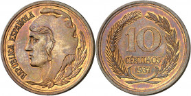 1937. II República. 10 céntimos. (AC. 7). Prueba no adoptada en cobre. Bella. Brillo original. Muy rara. 5,34 g. S/C.