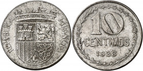 1938. II República. 10 céntimos. (AC. 9). Bella. Muy rara así. 3,82 g. EBC+.