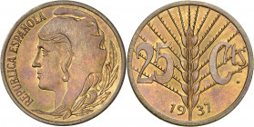 1937. II República. 25 céntimos. (AC. 16). Prueba no adoptada en cobre. Bella. Brillo original. Muy rara. 6,20 g. S/C.