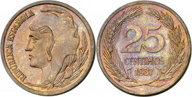 1937. II República. 25 céntimos. (AC. 17). Prueba no adoptada en cobre. Bella. Brillo original. Muy rara. 4,39 g. S/C.