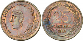 1937. II República. 25 céntimos. (AC. 19). Prueba no adoptada en cobre. Bella. Brillo original. Muy rara. 6,36 g. Ø25 mm. S/C.
