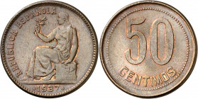 1937*34. II República. 50 céntimos. (AC. 29). Orla de puntos redondos en reverso. 6 g. EBC+.