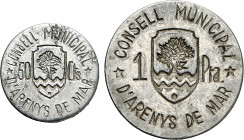 s/d. Emisiones Locales. Arenys de Mar (Barcelona). 50 céntimos y 1 peseta. (AC. 6 y 7) (T. 245 y 246). 2 monedas, serie completa. Escasas. EBC-/EBC.