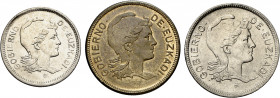 1937. Emisiones Locales. Euzkadi. 1 y 2 pesetas (dos). (AC. 13 a 15). 3 monedas, una serie completa y la rarísima pieza de 2 pesetas en cobre. EBC/EBC...