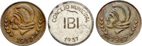 1937. Emisiones Locales. Ibi (Alicante). 25 céntimos (dos) y 1 peseta. (AC. 16, 18 y 19). 3 monedas. Escasas. MBC-/MBC+.