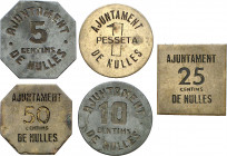 s/d. Emisiones Locales. Nulles (Tarragona). 5, 10, 25, 50 céntimos y 1 peseta. (AC. 25 a 29) (T. 1910 a 1914). 5 monedas, serie completa. Muy raras. M...