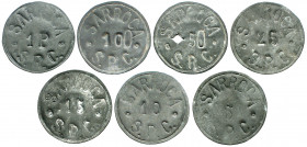 s/d. Emisiones Locales. Sarroca (Lleida). 5, 10, 15, 25, 50 céntimos y 1 peseta (dos distintas). (T. 2656, 2657, 2658a y 2660 a 2663). 7 monedas. Rara...
