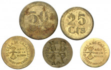 s/d. Emisiones Locales. Puebla de Cazalla (Sevilla). 10 (dos), 25 (dos) y 50 céntimos. (AC. 47, 47 var, 49, 50 y 51 var). 5 monedas. 10 céntimos (dos)...