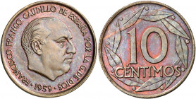 1959. Franco. 10 céntimos. (AC. 14). Prueba adoptada en cobre. Dos rayitas. Muy rara. 2,40 g. S/C.