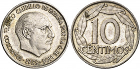 1959. Franco. 10 céntimos. (AC. 15). Prueba adoptada en plata. Muy rara. 2,87 g. S/C.