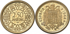 1944. Franco. 2,50 peseta. (AC. 79). Prueba no adoptada en cuproníquel. Bella. Brillo original. Rarísima. 4,78 g. S/C.