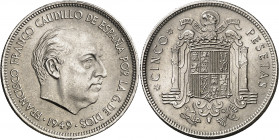 1949*1949. Franco. 5 pesetas. (AC. 93). Prueba adoptada en plata. Bella. Muy rara, no hemos tenido ningún ejemplar. 15,17 g. S/C-.