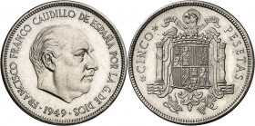 1949*1951. Franco. 5 pesetas. (AC. 96). Muy rara, pocos ejemplares conocidos. 15,09 g. S/C.