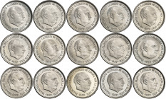 1957*58, *59, *61 y *64 a *75. Franco. 25 pesetas. (AC. 116 a 130). Colección completa de las 15 monedas, incluye la Proof *73. EBC-/Proof.
