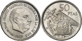 1957*58. Franco. 50 pesetas. (AC. 133). "UNALIBREGRANDE" en canto. Rara. 12,42 g. EBC-.