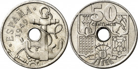 1949*E-51. Franco. 50 céntimos. (AC. 151). II Exposición Nacional de Numismática e Internacional de Medallística. Leves marquitas. Rara. 3,91 g. S/C-....