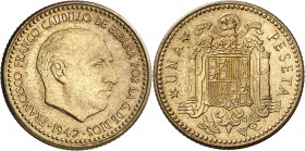1947*E-51. Franco. 1 peseta. (AC. 152). II Exposición Nacional de Numismática e Internacional de Medallística. Rara. 3,38 g. S/C.