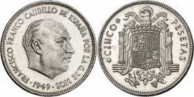 1949*E-51. Franco. 5 pesetas. (AC. 153). II Exposición Nacional de Numismática e Internacional de Medallística. Rara. 14,19 g. Proof.