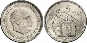 1957. Franco. BA (Barcelona). 5 pesetas. (AC. 154). I Exposición Iberoamericana de Numismática y Medallística. 5,74 g. S/C-.