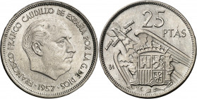1957. Franco. BA (Barcelona). 25 pesetas. (AC. 155). I Exposición Iberoamericana de Numismática y Medallística. 8,56 g. S/C-.
