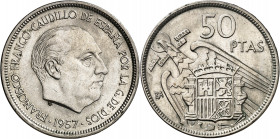 1957. Franco. BA (Barcelona). 50 pesetas. (AC. 156). I Exposición Iberoamericana de Numismática y Medallística. 12,51 g. S/C-.