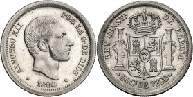 1880. Alfonso XII. Manila. 50 centavos. (AC. falta) (AC. pdf. 166.1, mismo ejemplar). Prueba en níquel realizada bajo el Gobierno de Franco. Reverso n...