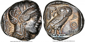 ATTICA. Athens. Ca. 440-404 BC. AR tetradrachm (24mm, 17.21 gm, 1h). NGC Choice AU 3/5 - 5/5. Mid-mass coinage issue. Head of Athena right, wearing ea...