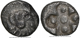IONIA. Uncertain mint. Ca. 520-480 BC. AR tetartemorion (5mm). NGC XF. Erythrai or Miletus. Rosette with central pellet / Quatrefoil incuse with stell...