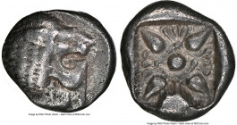 IONIA. Miletus. Ca. late 6th-5th centuries BC. AR 1/12 stater or obol (9mm). NGC VF. Milesian standard. Forepart of roaring lion left, head reverted /...