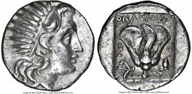 CARIAN ISLANDS. Rhodes. Ca. 188-170 BC. AR drachm (14mm, 1h). NGC XF. Plinthophoric standard, Onasandros, magistrate. Radiate head of Helios right / O...
